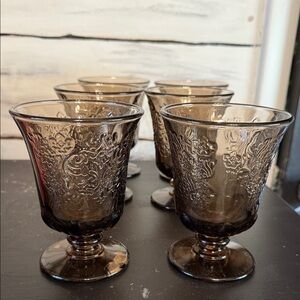 Six Elegant Brown Embossed Glass Goblets